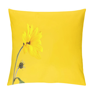 Personality  One Yellow Topinambur Flower On Yellow Background, Right Copy Space, Single Yellow Jerusalem Artichoke. Yellow Flowers On Green Stalk With Leaves, Wild Sunflower Flower Close Up Pillow Covers