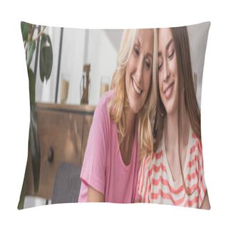 Personality  Panoramic Shot Of Happy Mother And Daughter Smiling While Sittting Head To Head Pillow Covers