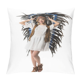 Personality  Full Length View Of Smiling Woman In Indian Headdress Isolated On White Pillow Covers