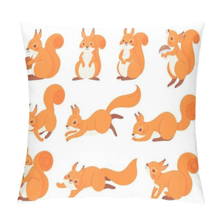 Personality  Cartoon Squirrel. Cute Squirrels With Red Furry Tail, Mammals Animals And Brown Fur Squirrel Vector Set. Adorable Forest Fauna, Funny Wildlife Stickers Collection. Playful Cub Illustrations Pack Pillow Covers