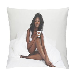 Personality  Young African Woman With Coffee Cup Sitting In Bed, Looking At Camera Pillow Covers
