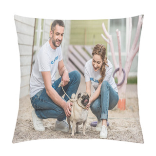 Personality  Two Volunteers Of Animals Shelter Palming Pug Dog On Yard Pillow Covers