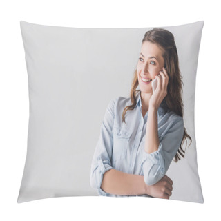 Personality  Close-up Portrait Of Smiling Adult Woman Talking By Phone And Looking Away Pillow Covers