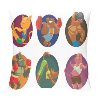 Personality  Set Of Six Round Frames, Funny Animals In The Gym Pillow Covers