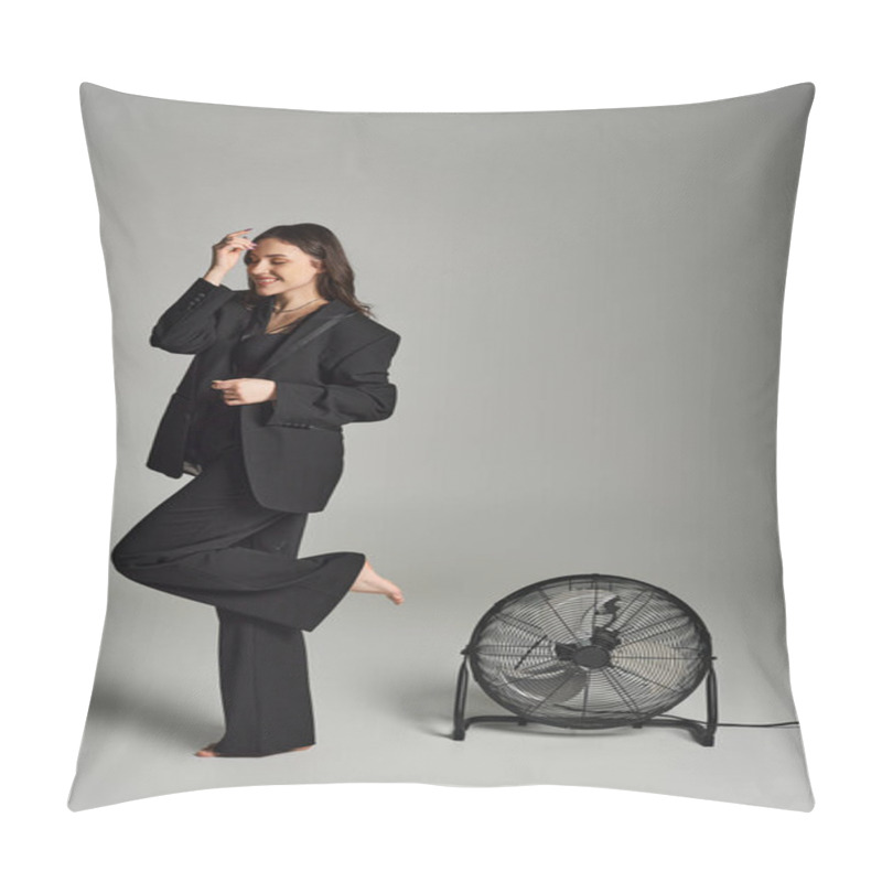 Personality  A beautiful plus size woman in stylish attire, standing gracefully in front of a fan, her outfit fluttering in the breeze. pillow covers