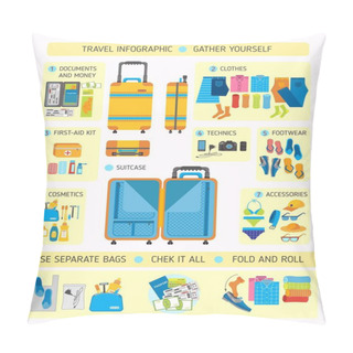 Personality  Big Suitcase Set In Flat Style, Suitcase With Tourist Stuff, Tra Pillow Covers