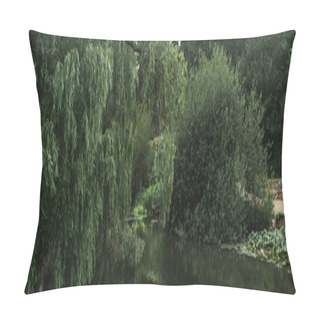 Personality  Panoramic Crop Of Green Trees Near Pound In Botanical Garden, Copenhagen, Denmark  Pillow Covers