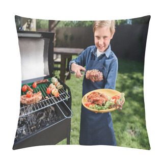 Personality  Kid Boy Preparing Stakes On Grill Pillow Covers