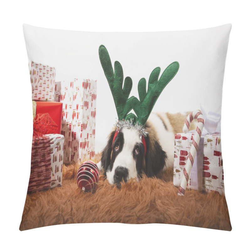 Personality  Adorable 4-month-old St Bernard puppy on the ground with reindeer antlers and surrounded by wrapped gift boxes. Festive background, Christmas concept. Copy space pillow covers