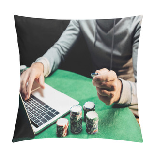 Personality  Cropped View Of Man Holding Poker Coin And Typing On Laptop Isolated On Black  Pillow Covers