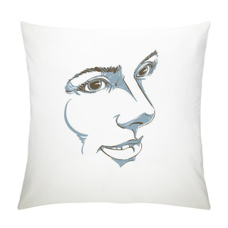 Personality  Vector Drawing Of Pensive Woman Thinking About Something. Black Pillow Covers