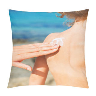 Personality  Woman's Hand Applying Suntan Cream On Child Back. Pillow Covers