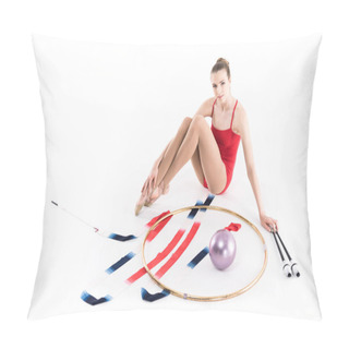Personality  Girl Sitting Near Rhythmic Gymnastics Apparatus Pillow Covers