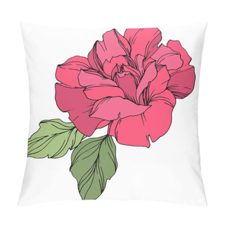 Personality  Vector Pink Rose Flower With Green Leaves Isolated On White.  Pillow Covers