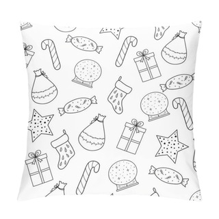 Personality  Pattern With Christmas Elements For Your Design. Hand Drawn Merry Christmas And Happy New Year Doodle Seamless Pattern. Outline Festive Winter Seamless Pattern. Coloring Page. Pillow Covers
