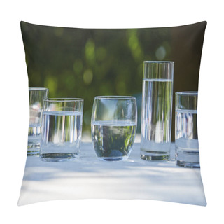 Personality  Clear Fresh Water In Transparent Glasses In Sunlight On Wooden Table Pillow Covers