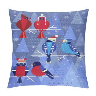 Personality  Backyard Winter Flat Birds In Funny Hats Pillow Covers