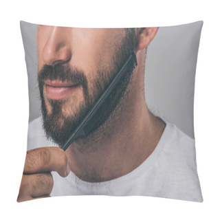 Personality  Cropped Shot Of Bearded Man Combing Beard With Comb Isolated On Grey Pillow Covers
