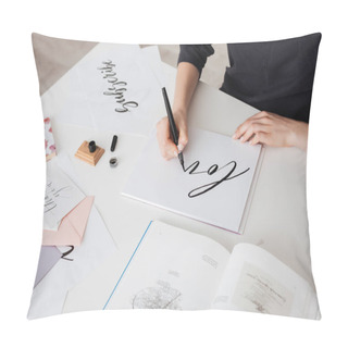 Personality  Photo Of Young Woman Hands Writing Beautiful Notes On Paper With Open Book On Desk Isolated Pillow Covers