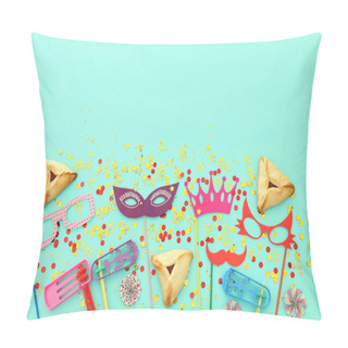 Personality  Purim Celebration Concept (jewish Carnival Holiday) Over Mint Wooden Background. Top View, Flat Lay Pillow Covers