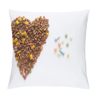 Personality  Top View Of Heart Made Of Crunchy Dry Pet Food Near Vitamins In Pills Isolated On White Pillow Covers