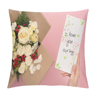 Personality  Cropped View Of Woman Holding I Love You Spring Card Near Bouquet Of Flowers In Cardboard Box On Pink Background Pillow Covers