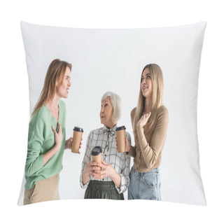 Personality  Three Generation Of Women Holding Paper Cups And Arguing Isolated On White Pillow Covers