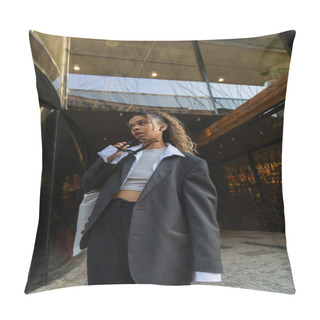 Personality  Trendy African American Woman In Wireless Earphone Holding Sunglasses On Urban Street In Prague  Pillow Covers