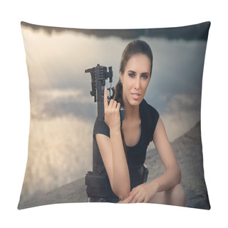 Personality  Powerful Woman Holding Gun Action Movie Style Pillow Covers