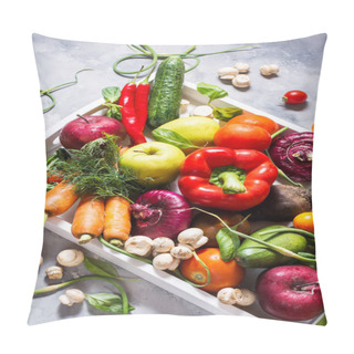 Personality  Raw Organic Vegetables With Fresh Ingredients For Healthily Cooking In White Tray On Concrete Background. Pillow Covers