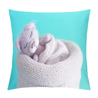 Personality  Cute Handmade Toy Bear Sleeping In Knitted Bag On Color Background Pillow Covers
