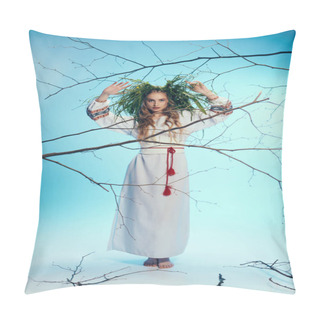 Personality  A Young Mavka, In Ornate Traditional Attire, Stands Gracefully In Front Of A Mystical Tree With Branches. Pillow Covers