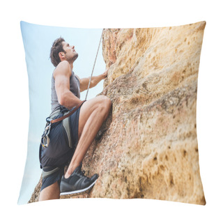 Personality  Young Man Climbing A Steep Wall In Mountain Pillow Covers