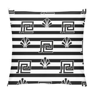 Personality  Striped Greek Vector Seamless Pattern. Abstract Elegant Modern Background. Repeat Geometric Backdrop With Horizontal Stripes, Lines, Shapes, Flowers, Symbols. Greek Key, Meanders Floral Ornaments. Pillow Covers