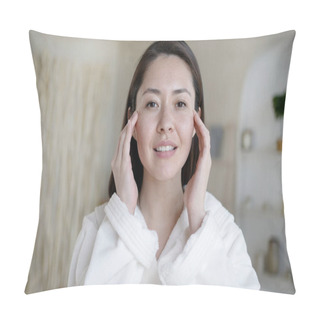 Personality  Attractive Multi Ethnic Lady Looking In Mirror Touching Healthy Soft Face Skin In Bathroom. Young Mixed Race Asian Woman Doing Massage Satisfied With Facial Procedures Skincare Concept. Pillow Covers