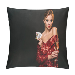 Personality  Attractive Girl In Red Shiny Dress Holding Joker And Queen Of Hearts Cards Isolated On Black, Looking At Camera Pillow Covers