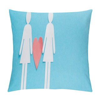 Personality  Panoramic Shot Of Paper Cut Figures Of Homosexual Couple With Heart Isolated On Blue, Sexual Equality Concept  Pillow Covers