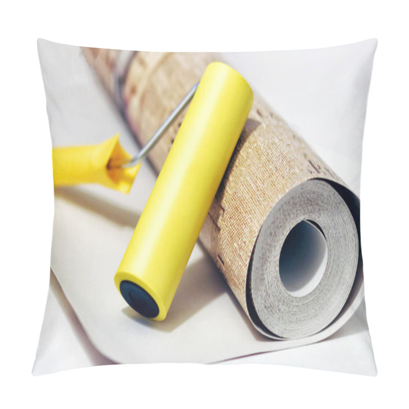 Personality  Composition tools for home repair and interior renovation indoors. Rolls of wallpaper, roller pillow covers