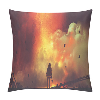 Personality  Brave Firefighter With Axe Standing In Front Of Frightening Explosion, Digital Art Style, Illustration Painting Pillow Covers