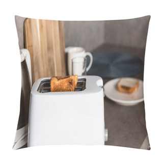 Personality  Selective Focus Of Toaster With Toasts, Electrical Kettle And Cutting Board In Kitchen Pillow Covers
