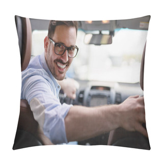 Personality  Portrait Of A Handsome Young Businessman Driving Car Pillow Covers