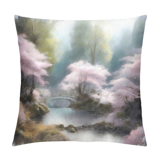 Personality  Modern Impressionist Oil Painting Of Lush Blooming Spring Japanese Garden With Pink Sakura Cherry Trees In Full Blossom And Bridge Over River. My Own Digital Art Illustration Landscape. Pillow Covers