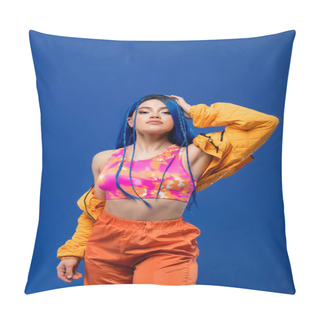 Personality  Vibrant Look, Dyed Hair, Female Model With Blue Hair Posing In Puffer Jacket On Blue Background, Vibrant Color, Urban Fashion, Individualism, Young Woman With Funky Style Pillow Covers