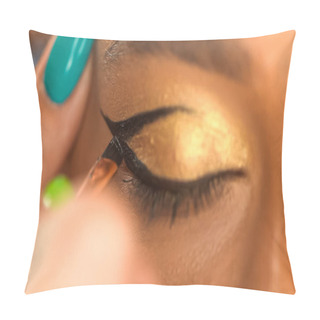 Personality  Partial View Of African American Woman With Closed Eye Applying Eye Liner With Cosmetic Brush  Pillow Covers