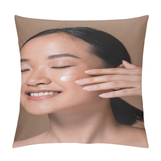Personality  Smiling Asian Woman Applying Face Cream Isolated On Brown  Pillow Covers