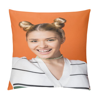 Personality  Portrait Of Fashionable And Confident Blonde Teenage Girl With Colorful Makeup And Hairstyle Smiling At Camera While Posing In Casual Clothes And Standing Isolated On Orange, Fashionable Clothes Pillow Covers