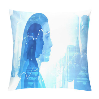 Personality  Portraits Of Three Successful Young Managers Over Blurry Cityscape Background With Creative Double Exposure Effect Of Digital Chart. Concept Of Leadership And Trading. Toned Image Pillow Covers