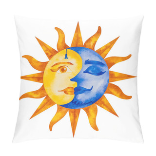 Personality  Bright Watercolor Illustration Of Sun With An Open Eye And Moon With Closed. Pillow Covers