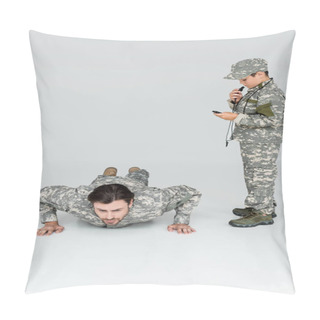 Personality  Boy In Military Uniform With Timer And Whistle Controlling Time While Soldier Doing Push Ups On Grey Background Pillow Covers