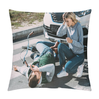Personality  Shocked Young Woman Looking At Injured Cyclist Lying With Bicycle At Car Accident  Pillow Covers